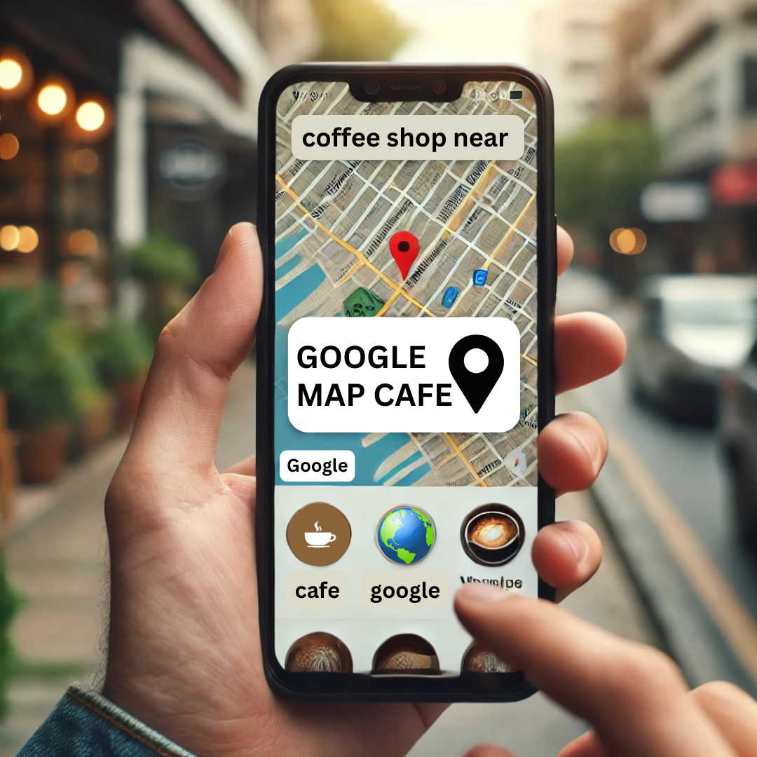 A mobile phone displaying a “coffee shop near me” search result, with a focus on the local map and top listings.